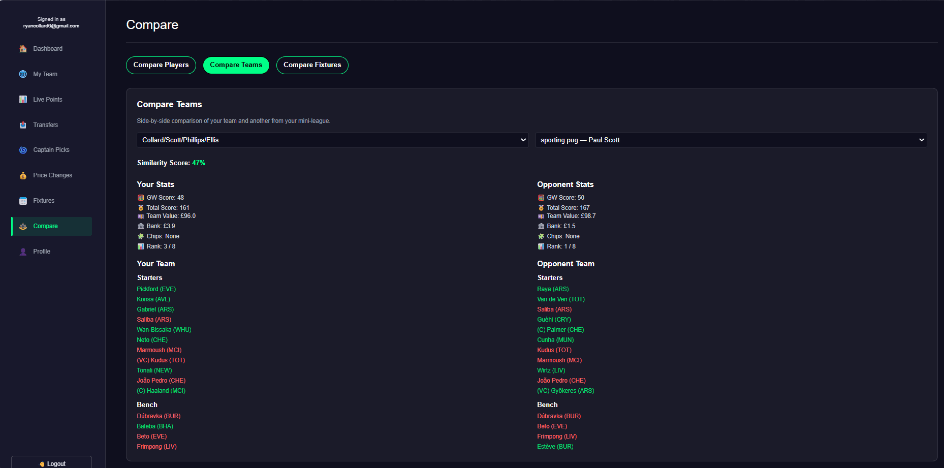 FPL Pulse compare teams screen