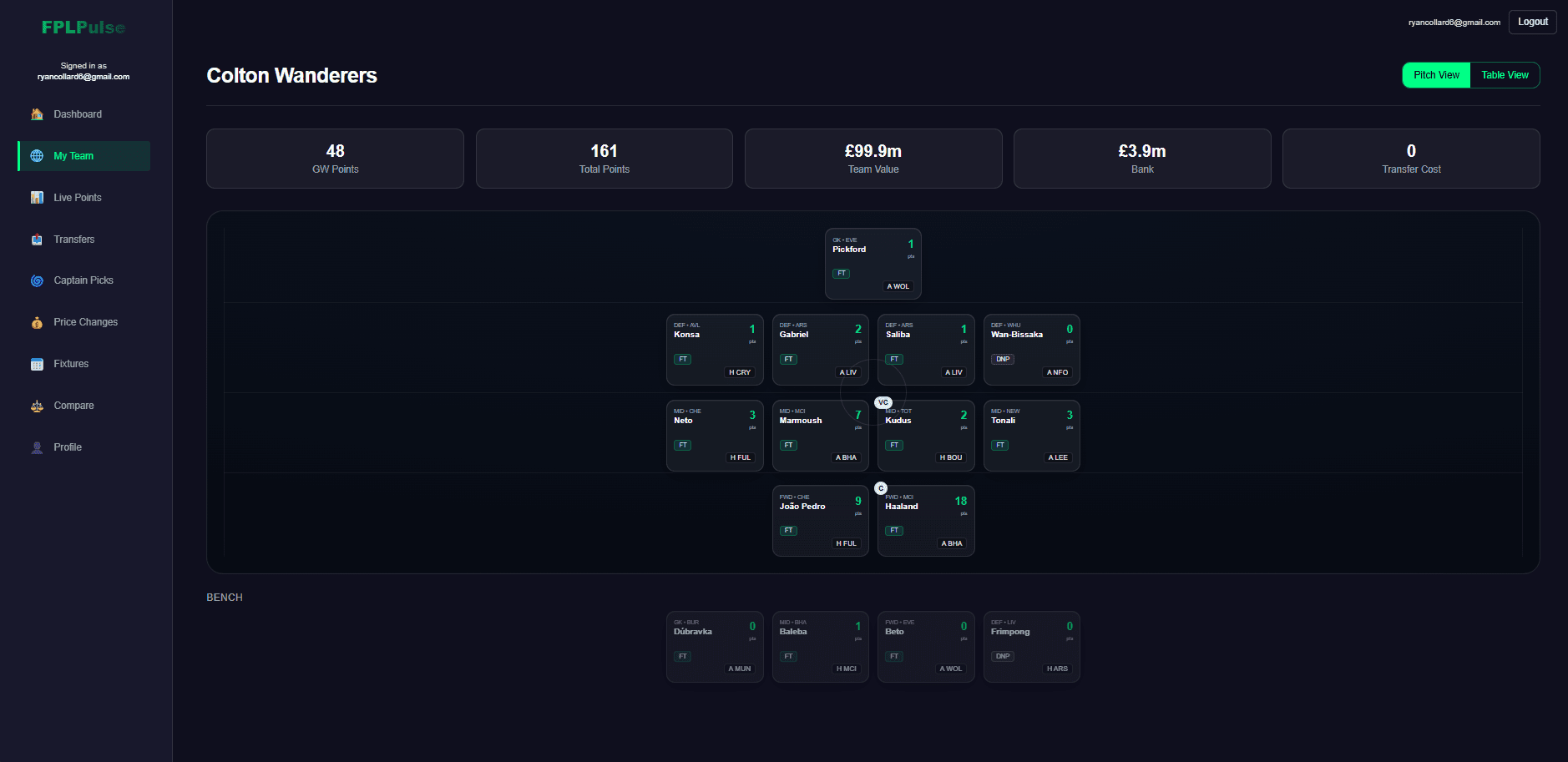 FPL Pulse My Team pitch view with XI and bench