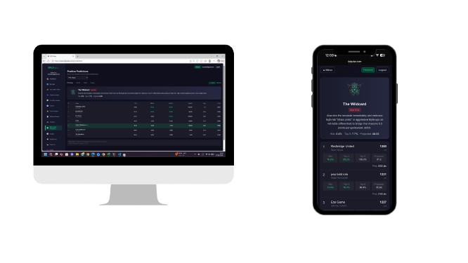 FPL Pulse Mini-League Predictions tool showing win probability, projected finish, and AI strategy advice on desktop and mobile